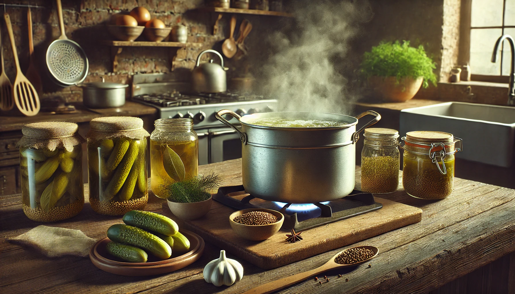 In diesem Bild sieht man einen Topf mit der kochenden Marinade. Im Hintergrund sind die vorbereiteten Gewürze (Dill, Senfkörner, Lorbeerblätter) und weitere Zutaten zu sehen.