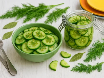 Blitzgurken nach DDR-Rezept in grüner Schüssel und Einmachglas, bestreut mit Dill und Senfkörnern, dekoriert mit Lorbeerblättern, Dill, bunten Tellern und Besteck auf weißem Holztisch, fotorealistisch, Breitformat.