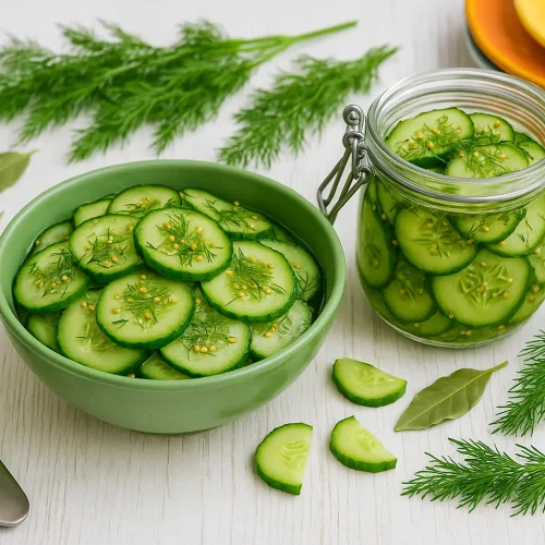 Blitzgurken nach DDR-Rezept in grüner Schüssel und Einmachglas, bestreut mit Dill und Senfkörnern, dekoriert mit Lorbeerblättern, Dill, bunten Tellern und Besteck auf weißem Holztisch, fotorealistisch, Breitformat.