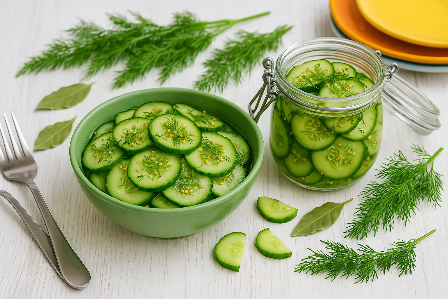 Blitzgurken nach DDR-Rezept in grüner Schüssel und Einmachglas, bestreut mit Dill und Senfkörnern, dekoriert mit Lorbeerblättern, Dill, bunten Tellern und Besteck auf weißem Holztisch, fotorealistisch, Breitformat.