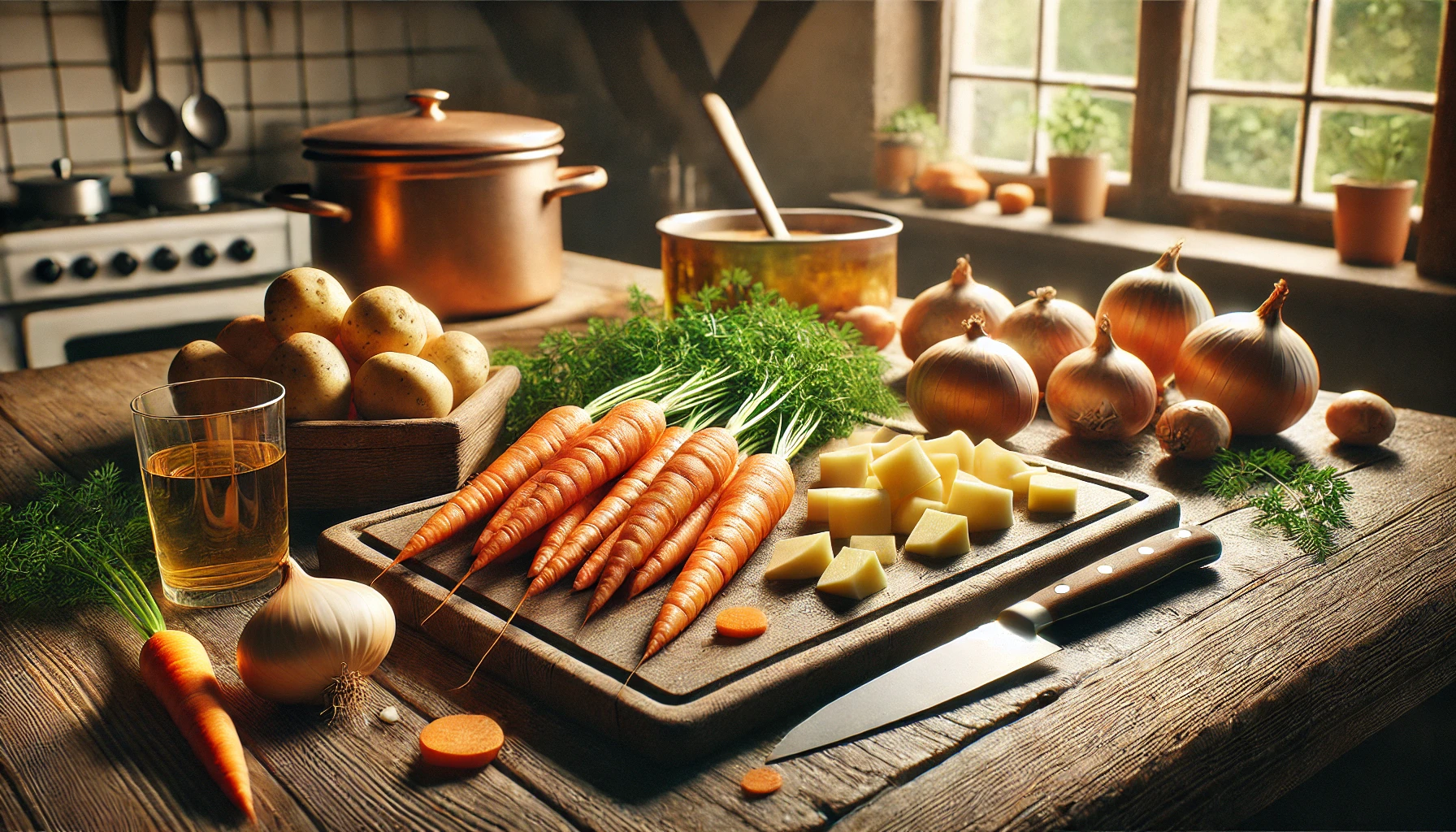 Das Foto zeigt eine rustikale Küche mit einem Holztisch, auf dem die vorbereiteten Zutaten für den Möhreneintopf liegen. Möhren, Kartoffeln und Zwiebeln sind auf einem Schneidebrett angeordnet, daneben ein Messer und einige der Zutaten sind bereits in Scheiben bzw. Würfel geschnitten. Im Hintergrund fällt warmes, natürliches Licht durch ein Fenster.