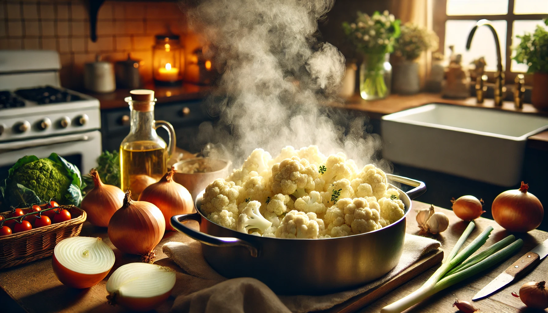 Die Zwiebeln werden in Butter angedünstet, während die Blumenkohlröschen bereits hinzugefügt wurden. Im Topf beginnen die Zutaten, ihren Duft zu entfalten. Der Dampf steigt leicht auf und füllt die Küche mit einem angenehmen Aroma.