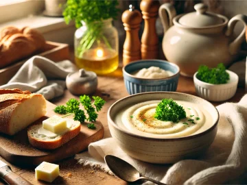 Die cremige, helle Suppe ist in einer Schale serviert, garniert mit frischer Petersilie und einem Hauch Muskatnuss. Daneben liegt knuspriges Brot und eine Scheibe Butter. Die Schale steht auf einem Holztisch in einer modern eingerichteten, warm beleuchteten Küche.