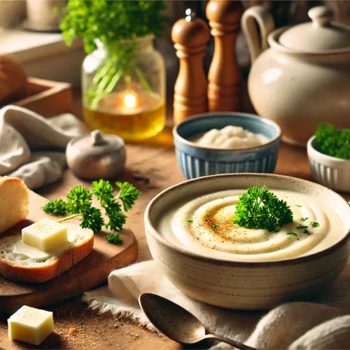 Die cremige, helle Suppe ist in einer Schale serviert, garniert mit frischer Petersilie und einem Hauch Muskatnuss. Daneben liegt knuspriges Brot und eine Scheibe Butter. Die Schale steht auf einem Holztisch in einer modern eingerichteten, warm beleuchteten Küche.