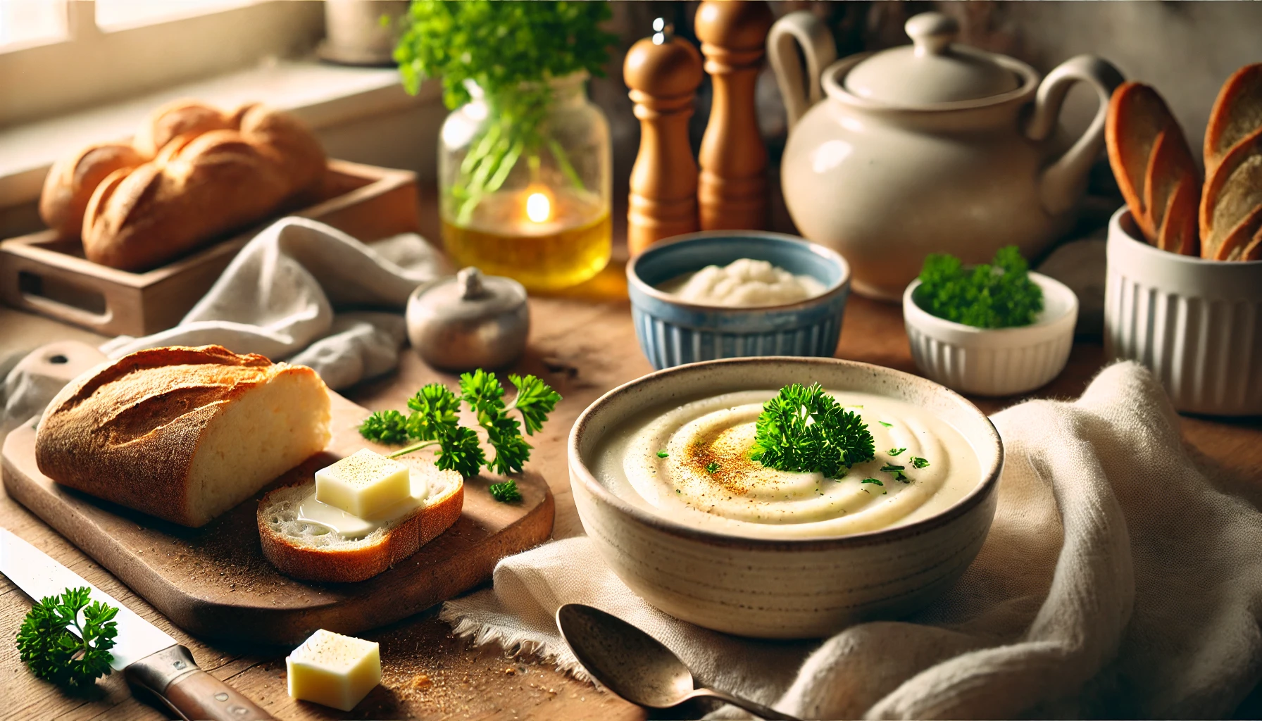 Die cremige, helle Suppe ist in einer Schale serviert, garniert mit frischer Petersilie und einem Hauch Muskatnuss. Daneben liegt knuspriges Brot und eine Scheibe Butter. Die Schale steht auf einem Holztisch in einer modern eingerichteten, warm beleuchteten Küche.