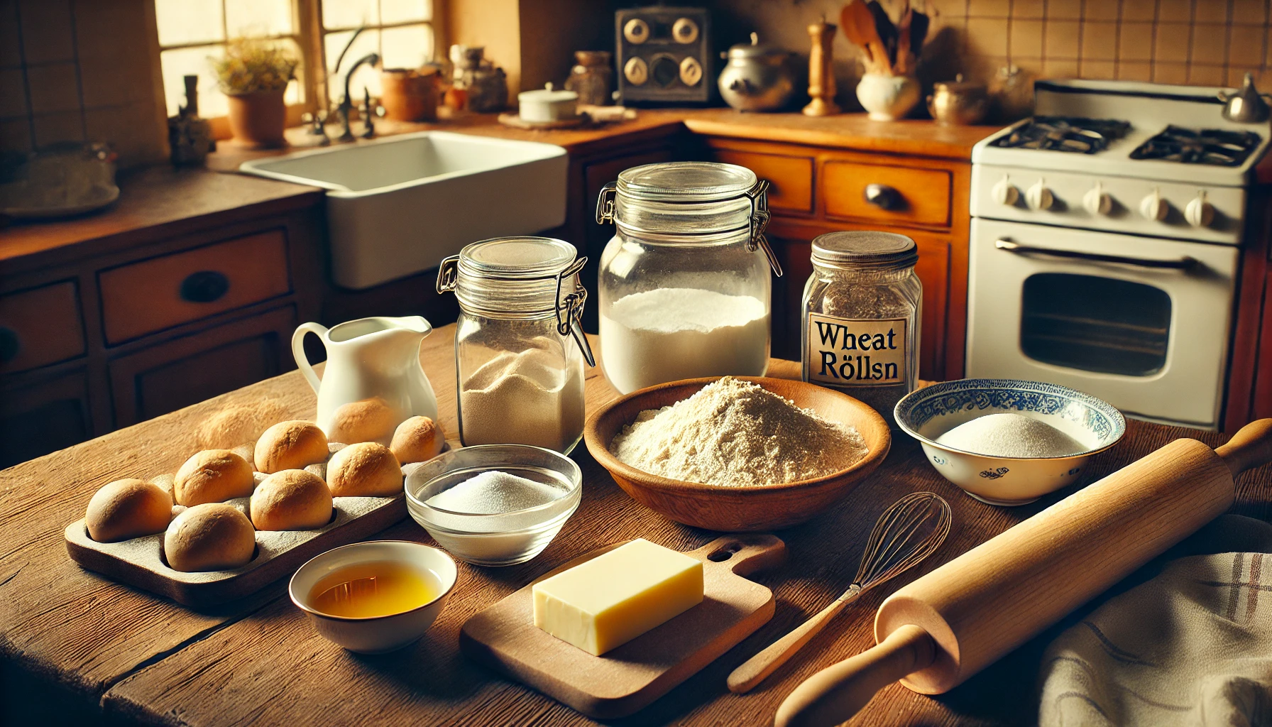 Zutaten für DDR-Brötchen: Eine gemütliche Küchenszene, in der die Zutaten für DDR-Brötchen auf einem hölzernen Küchentresen liegen: Weizenmehl, Hefe, Salz, Zucker, Margarine und eine Schüssel lauwarmes Wasser. Die Küche hat eine warme Beleuchtung und einen nostalgischen Charme mit hölzernen Schränken und traditionellem Küchenwerkzeug wie einem Nudelholz und einem Backblech im Hintergrund.