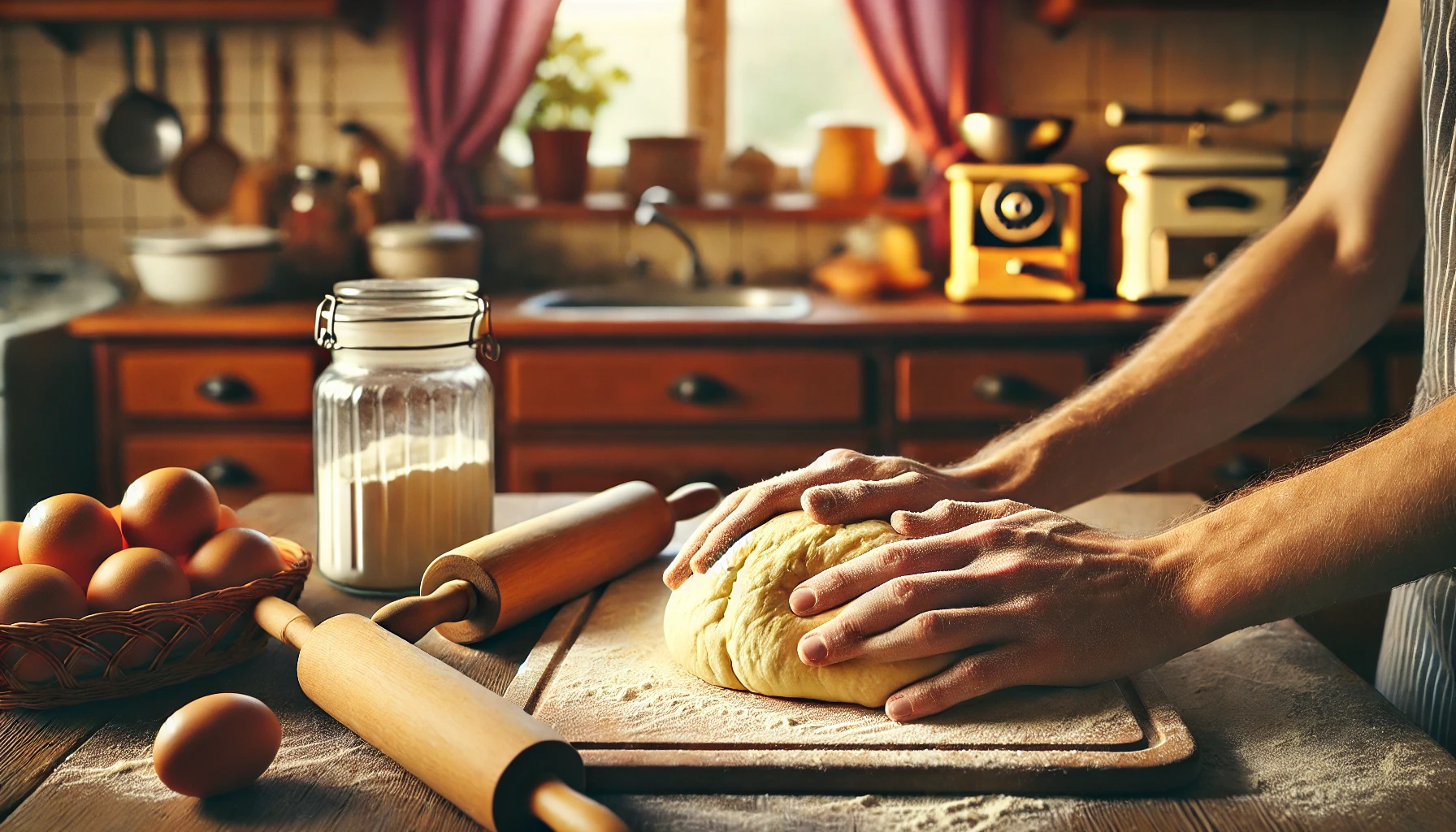 Teigkneten für Brötchen: Eine warme Küche, in der der Teig für die Brötchen auf einer bemehlten Holzfläche geknetet wird. Hände kneten den Teig sanft, während im Hintergrund die schlichte, nostalgische DDR-Küche mit Holzmöbeln und einigen Zutaten noch sichtbar ist. Die weiche Beleuchtung vermittelt ein heimeliges Gefühl.