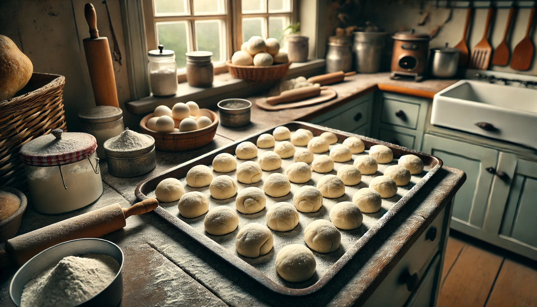 Geformte Brötchen auf dem Backblech: Frisch geformte Brötchenkugeln liegen gleichmäßig auf einem Backblech und sind bereit für den Ofen. Der Teig ist leicht mit Mehl bestäubt. Die Szene spielt in einer rustikalen Küche, mit einfacher, traditioneller Einrichtung, während sanftes Tageslicht durch ein Fenster auf die Brötchen fällt.