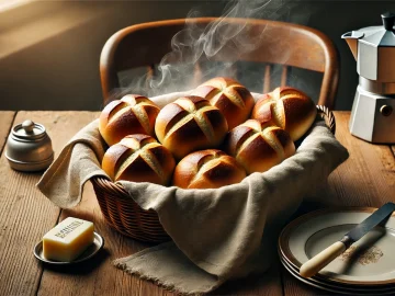 Frisch gebackene Brötchen: Eine Partie frisch gebackener DDR-Brötchen liegt auf einem Holztisch in einem Korb, der mit einem Tuch ausgelegt ist. Die Brötchen haben eine goldbraune Kruste, und leichter Dampf steigt von ihnen auf. Auf dem Tisch ist außerdem ein einfaches Vintage-Geschirr mit Messer und Butterdose zu sehen, alles in einer warm beleuchteten, gemütlichen Atmosphäre.