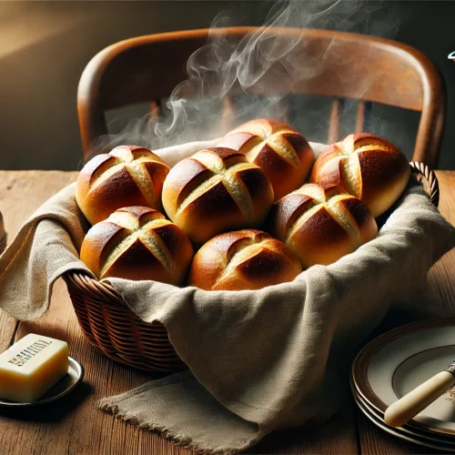 Frisch gebackene Brötchen: Eine Partie frisch gebackener DDR-Brötchen liegt auf einem Holztisch in einem Korb, der mit einem Tuch ausgelegt ist. Die Brötchen haben eine goldbraune Kruste, und leichter Dampf steigt von ihnen auf. Auf dem Tisch ist außerdem ein einfaches Vintage-Geschirr mit Messer und Butterdose zu sehen, alles in einer warm beleuchteten, gemütlichen Atmosphäre.