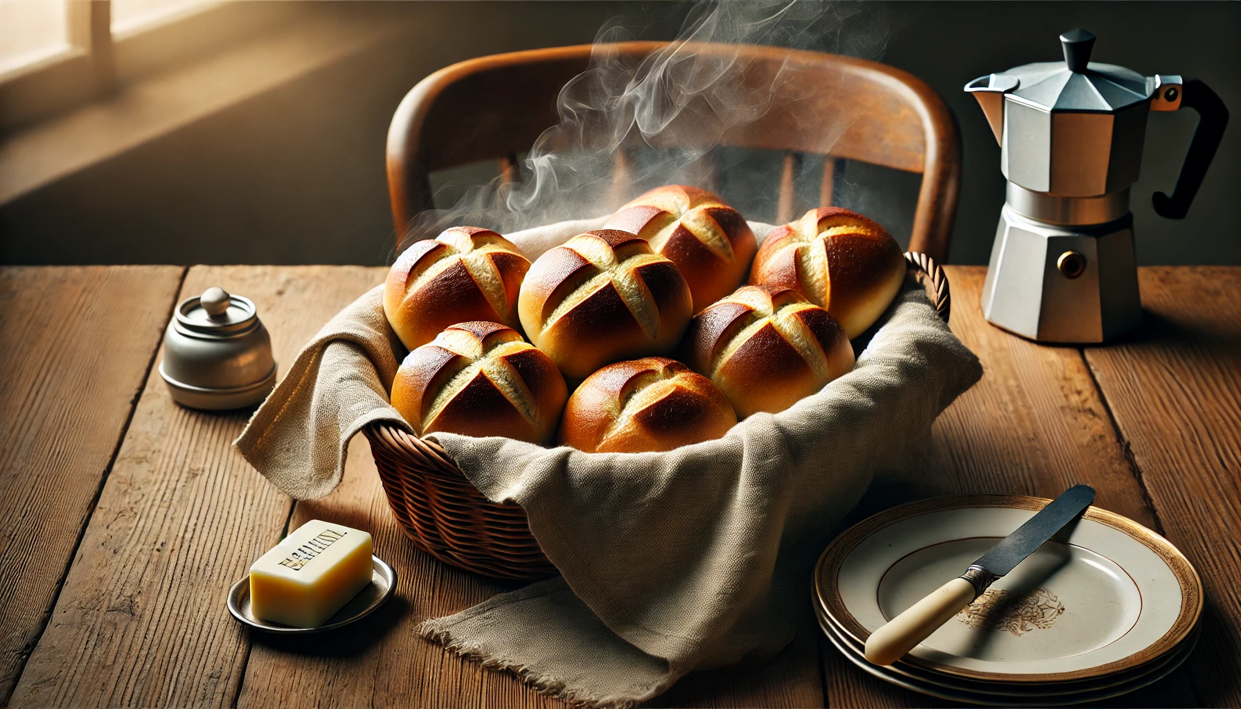 Frisch gebackene Brötchen: Eine Partie frisch gebackener DDR-Brötchen liegt auf einem Holztisch in einem Korb, der mit einem Tuch ausgelegt ist. Die Brötchen haben eine goldbraune Kruste, und leichter Dampf steigt von ihnen auf. Auf dem Tisch ist außerdem ein einfaches Vintage-Geschirr mit Messer und Butterdose zu sehen, alles in einer warm beleuchteten, gemütlichen Atmosphäre.