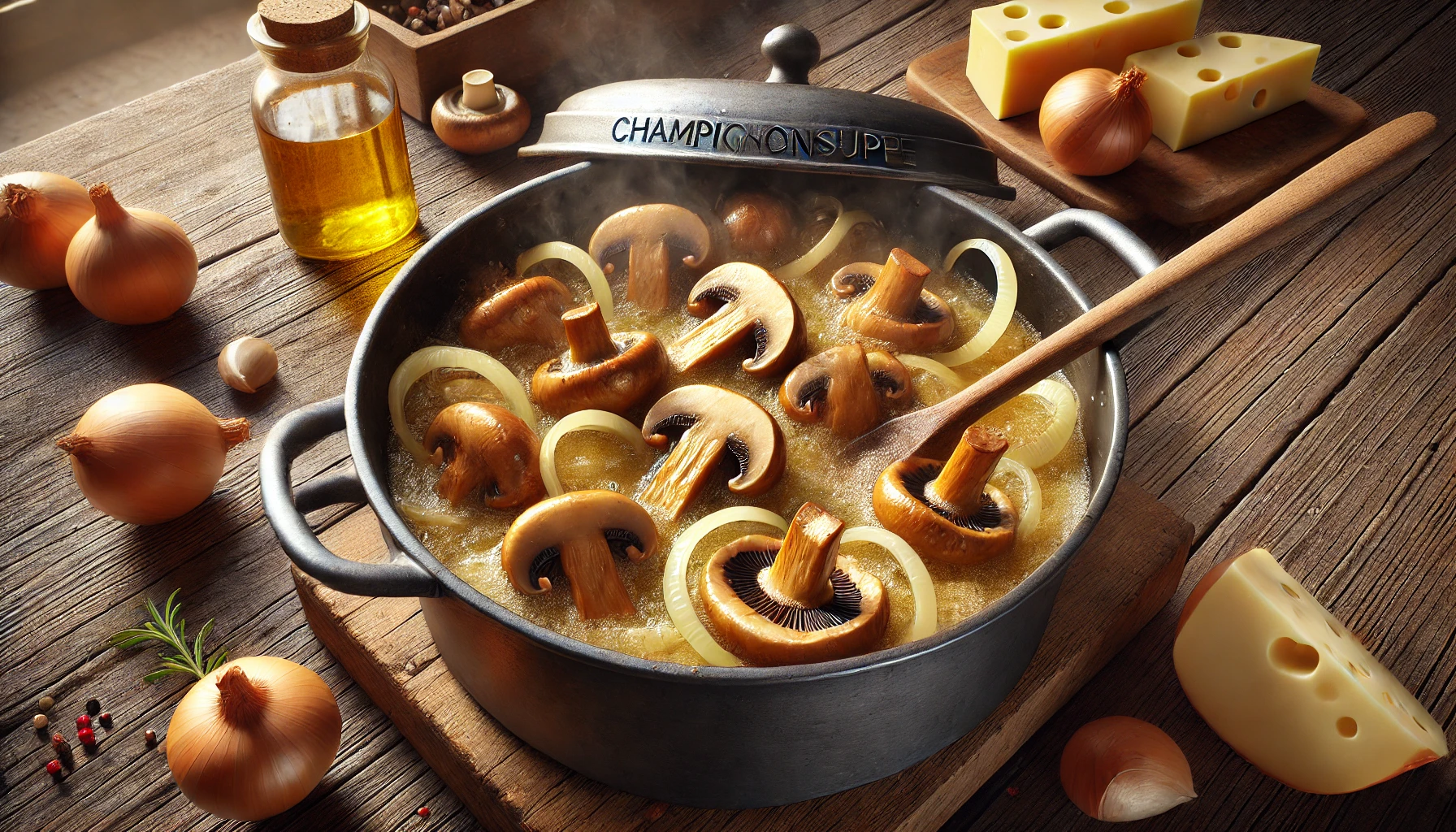 Die Zwiebeln und Champignons werden in einem großen Topf in Butter goldbraun angebraten.