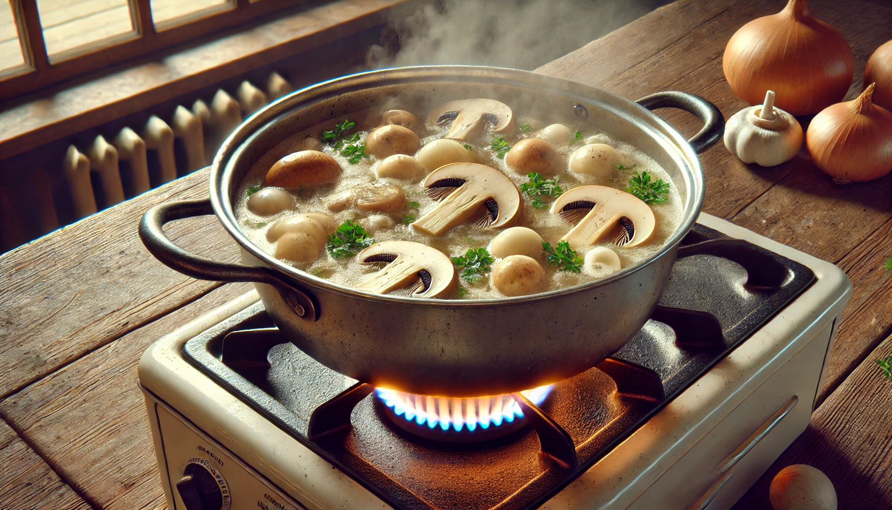 Die Brühe und Sahne werden hinzugefügt, die Suppe köchelt leicht und dickt an.