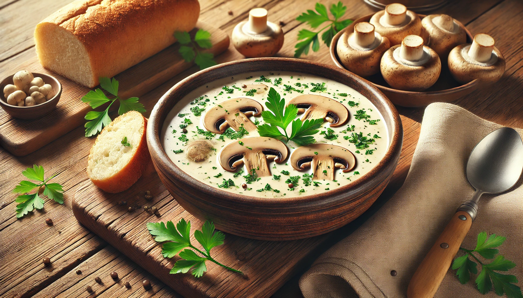 Die cremige Champignonsuppe wird in einer Schale serviert, mit frischer Petersilie garniert und mit einer Scheibe Brot angerichtet.