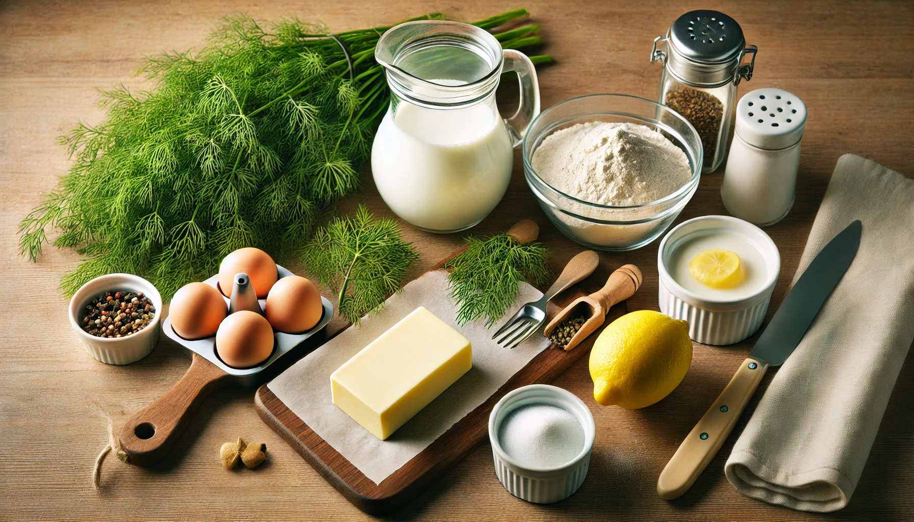 Auf einem Schneidebrett liegen frischer Dill, Butter, Mehl, Milch und Zitrone bereit, um die Soße zuzubereiten.