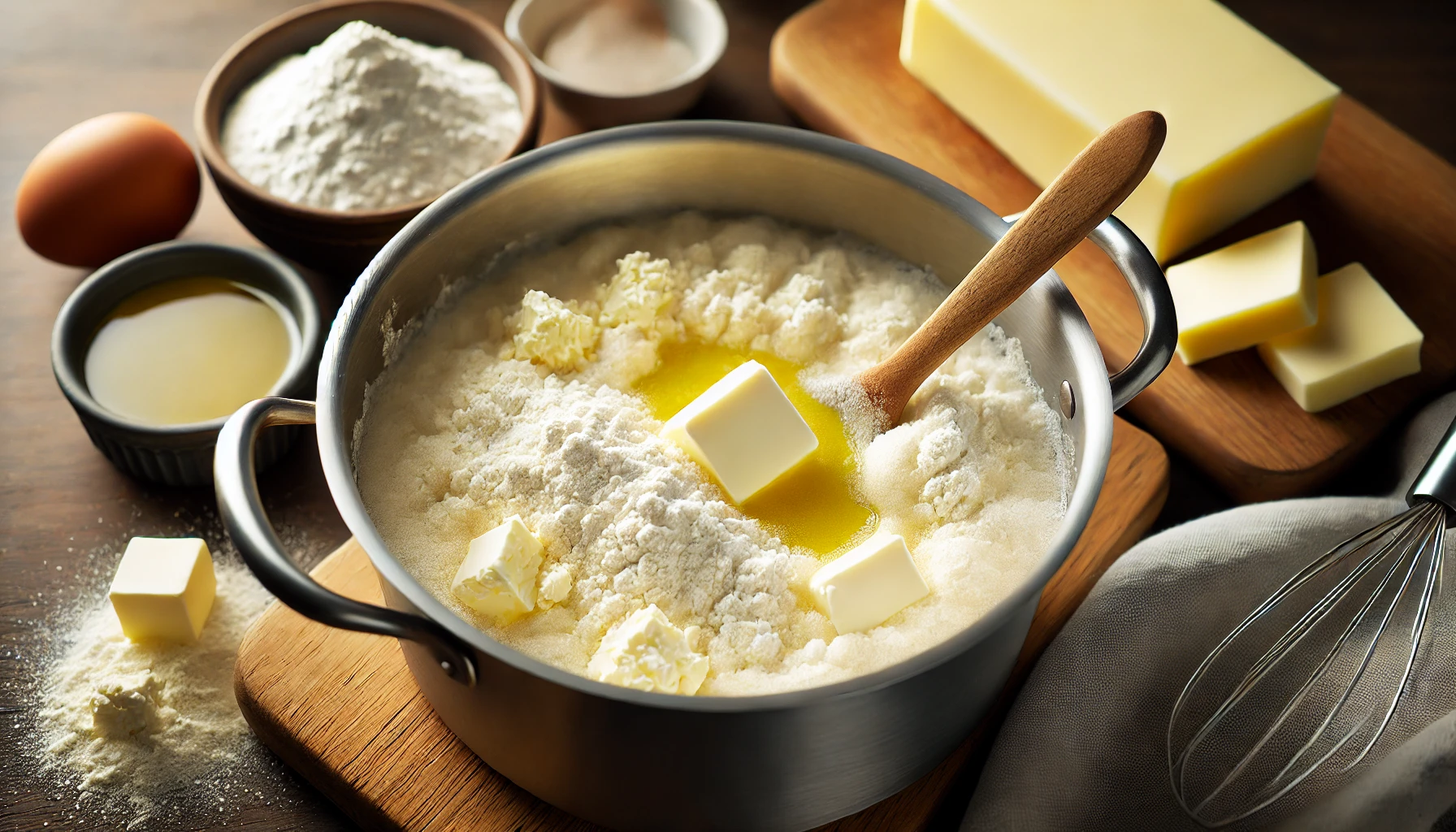 In einem Topf wird die Butter geschmolzen und das Mehl hinzugegeben, um die Basis der Soße zu bilden.