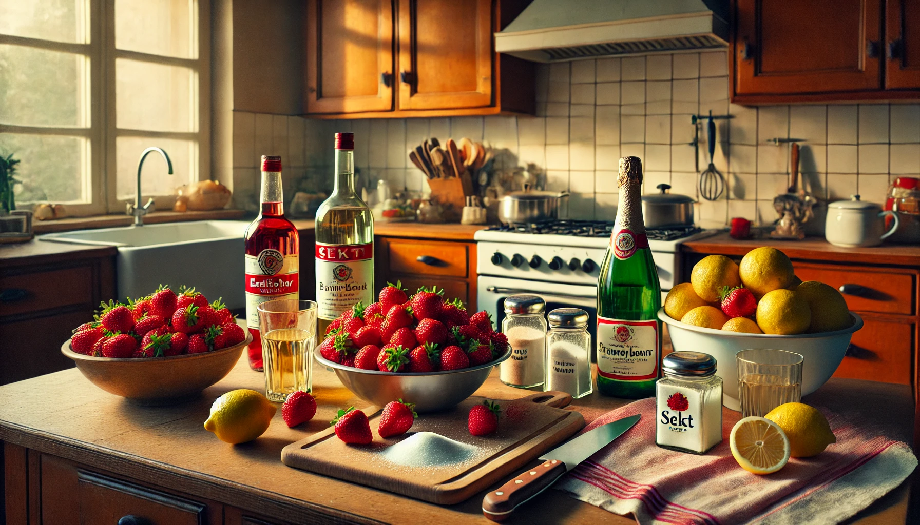 Auf einem Schneidebrett liegen die Zutaten bereit: Erdbeeren, Weißwein, Sekt und Zitronen. Die Schüssel steht bereit, um die Bowle anzurühren.