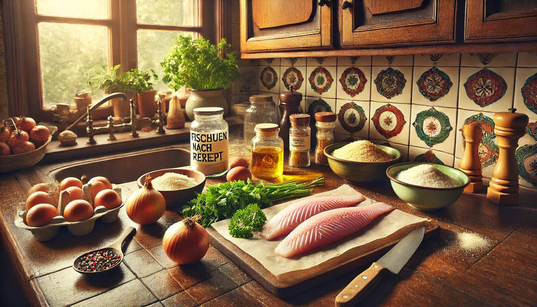 Frisches Fischfilet, Zwiebeln, ein Ei, Semmelbrösel und frische Petersilie liegen auf einem Schneidebrett bereit. Die Küche hat eine gemütliche, nostalgische Atmosphäre.