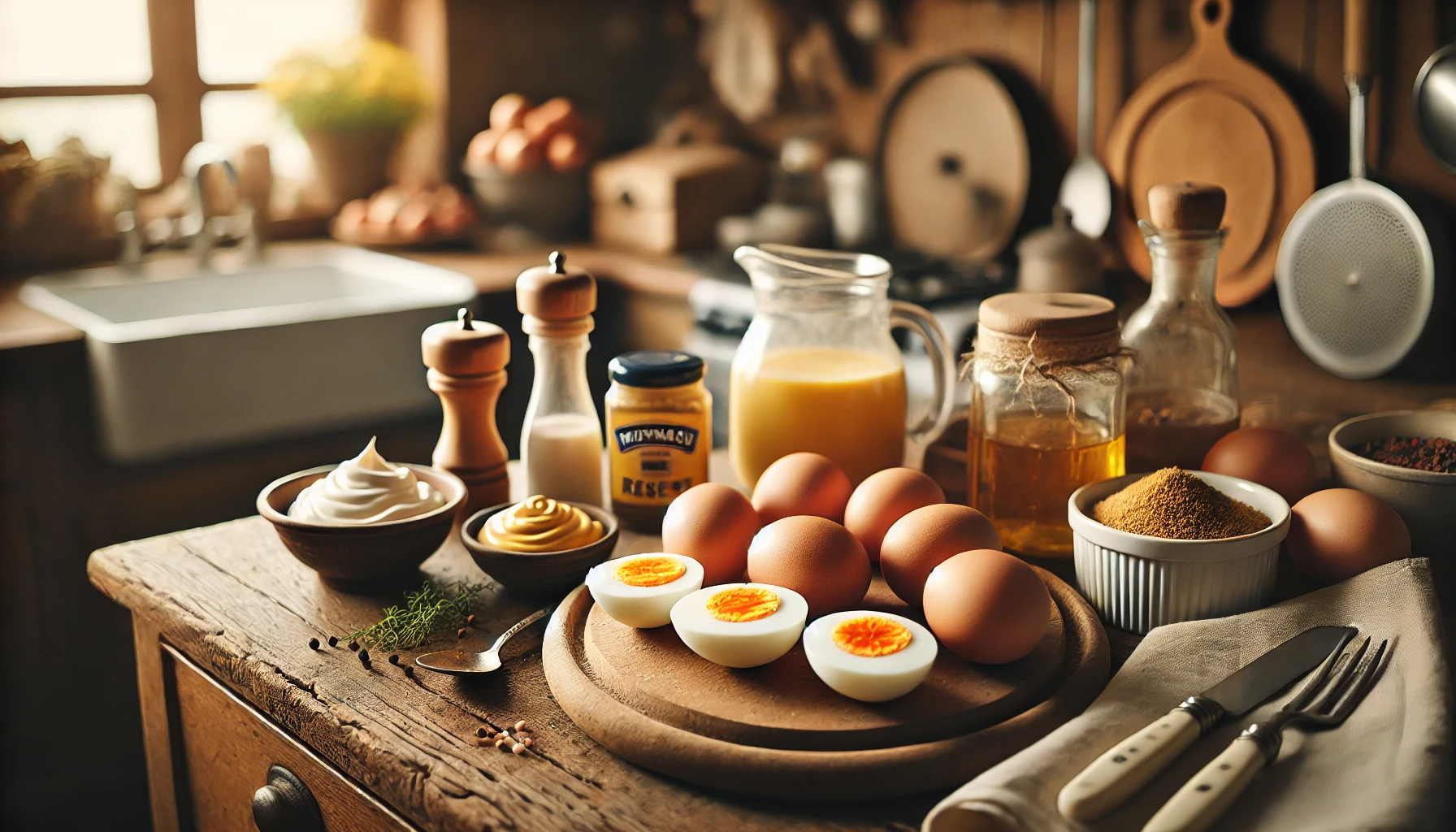 Hart gekochte Eier, Mayonnaise, Senf, Gewürze und Petersilie liegen bereit auf einem Schneidebrett. Der Tisch ist einfach gedeckt, perfekt für die schnelle Zubereitung.