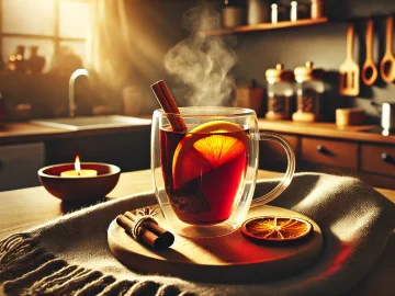 Der Glühwein ist servierfertig in einer Tasse oder einem hitzebeständigen Glas. Eine Orangenscheibe und eine Zimtstange dekorieren das Glas, und der Glühwein dampft leicht.