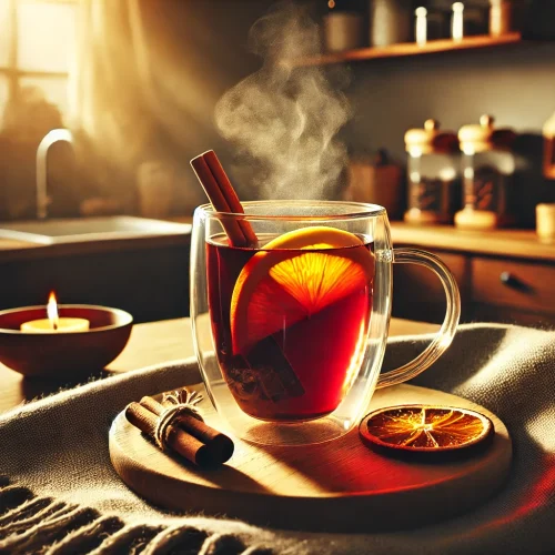 Der Glühwein ist servierfertig in einer Tasse oder einem hitzebeständigen Glas. Eine Orangenscheibe und eine Zimtstange dekorieren das Glas, und der Glühwein dampft leicht.