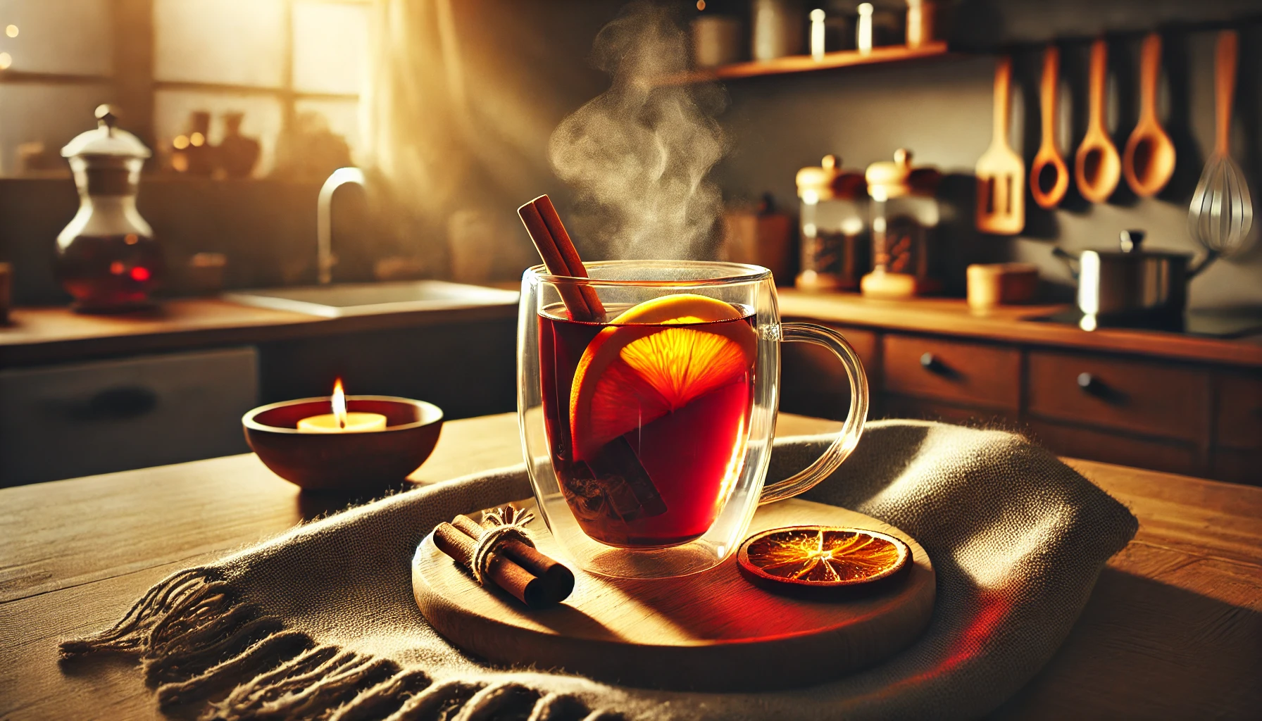 Der Glühwein ist servierfertig in einer Tasse oder einem hitzebeständigen Glas. Eine Orangenscheibe und eine Zimtstange dekorieren das Glas, und der Glühwein dampft leicht.