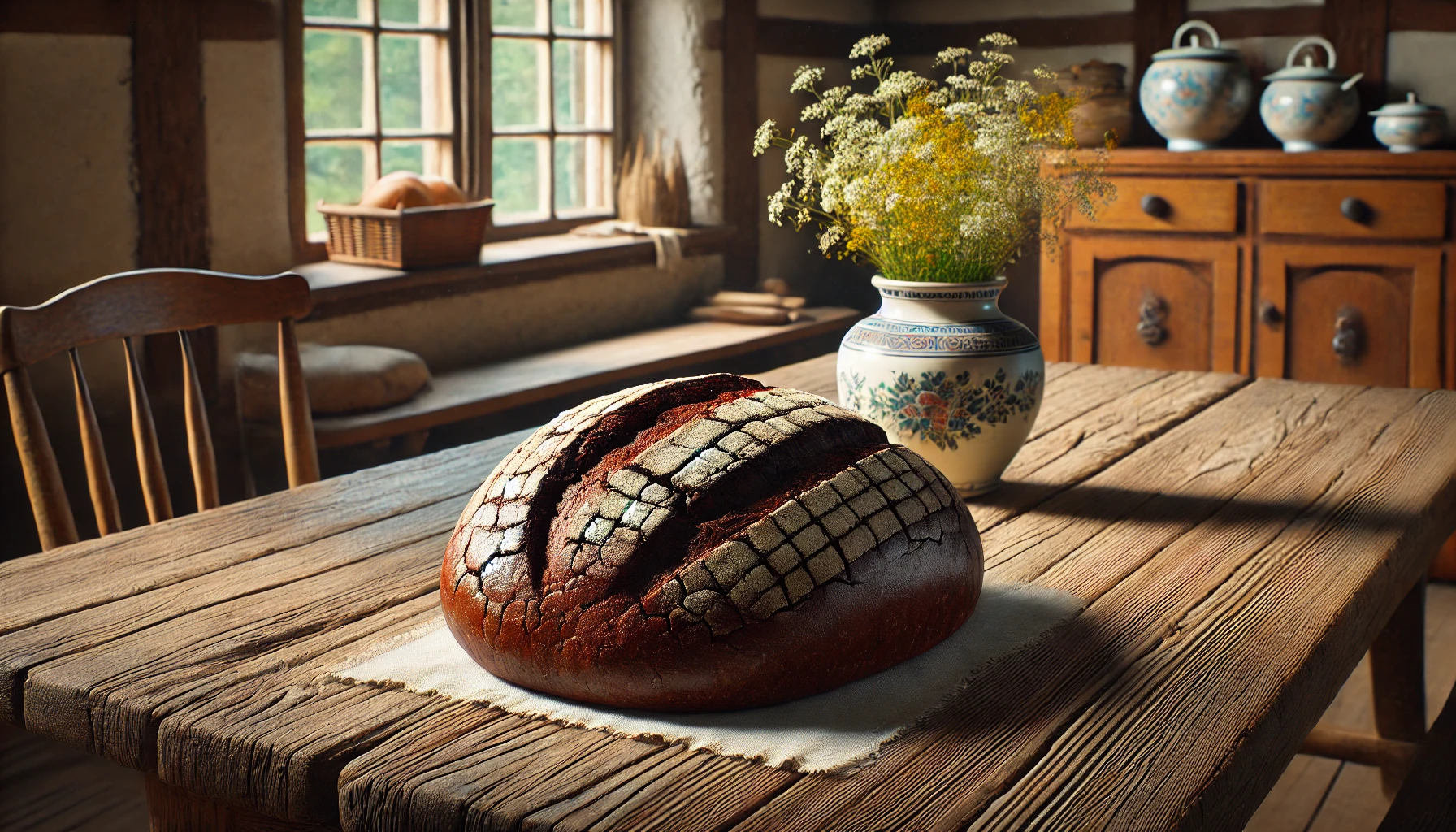 Ein Bild eines klassischen Bauernbrots auf einem rustikalen Holztisch in einer traditionellen ostdeutschen Küche. Das Bauernbrot ist dunkel, hat eine kräftige, rissige Kruste und wirkt sehr knusprig. Im Hintergrund ist eine kleine Vase mit Wildblumen zu sehen, die das ländliche, nostalgische Ambiente unterstreicht.