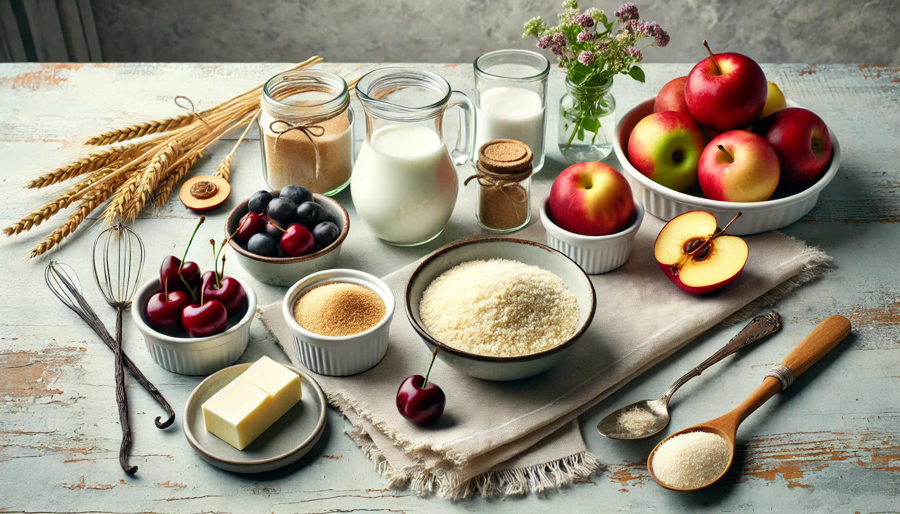 Zutaten für den Grießbrei: Die Zutaten wie Milch, Grieß, Zucker, Butter und saisonale Früchte (Äpfel, Kirschen oder Pflaumen) sind rustikal auf einem hellen Holztisch arrangiert.