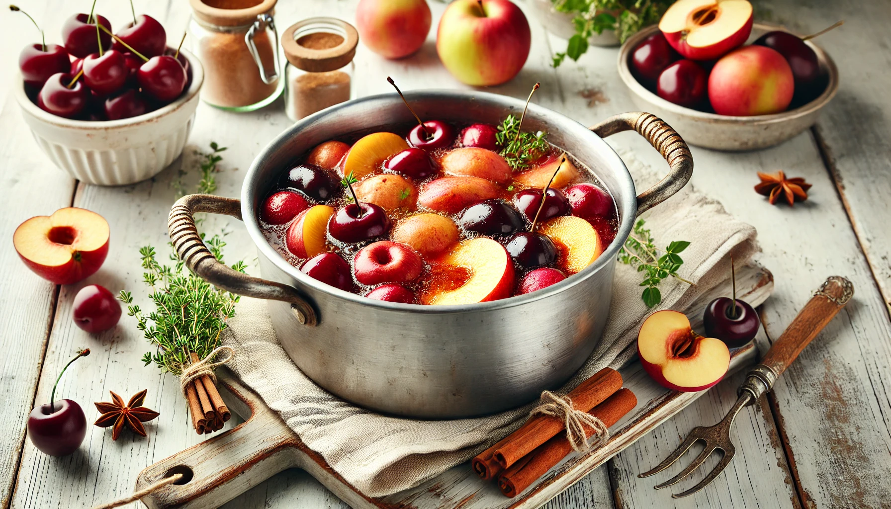 Fruchtkompott kochen: Die Früchte für das Kompott (z.B. Äpfel, Kirschen oder Pflaumen) köcheln mit Zucker und Zimt in einem Topf.