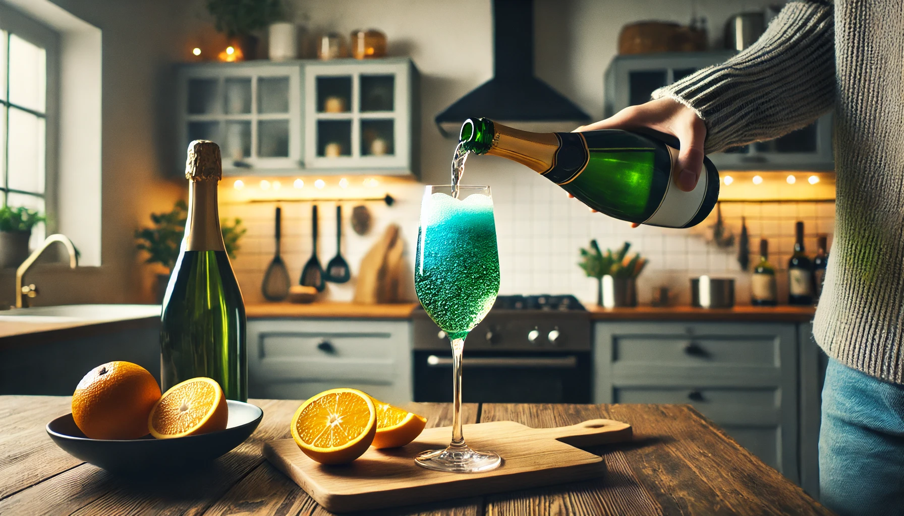 Sekt hinzufügen: Der Moment, in dem Sekt hinzugefügt wird und die grüne Farbe des Cocktails entsteht, in einer warmen und ruhigen Küchenszene.