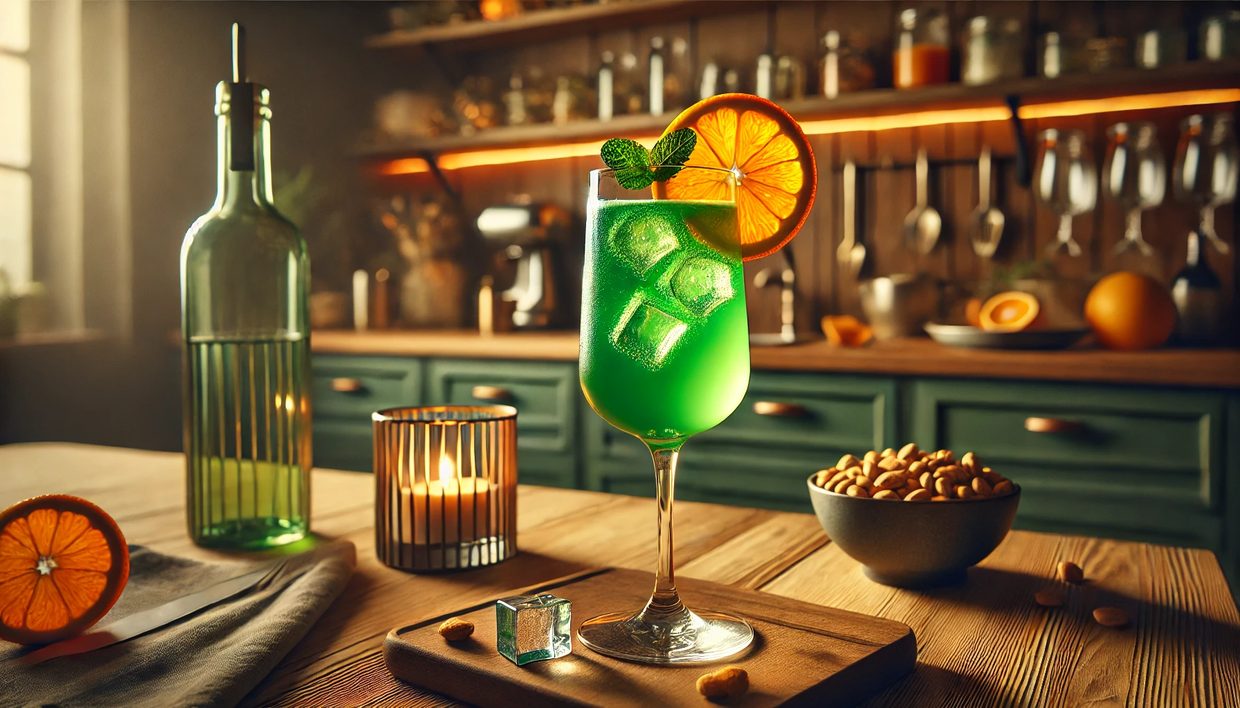 Fertiger Cocktail: Der fertige "Grüne Wiese" Cocktail, serviert in einem Sektglas mit Eiswürfeln und einer Orangenscheibe, in einer entspannenden und einladenden Atmosphäre.