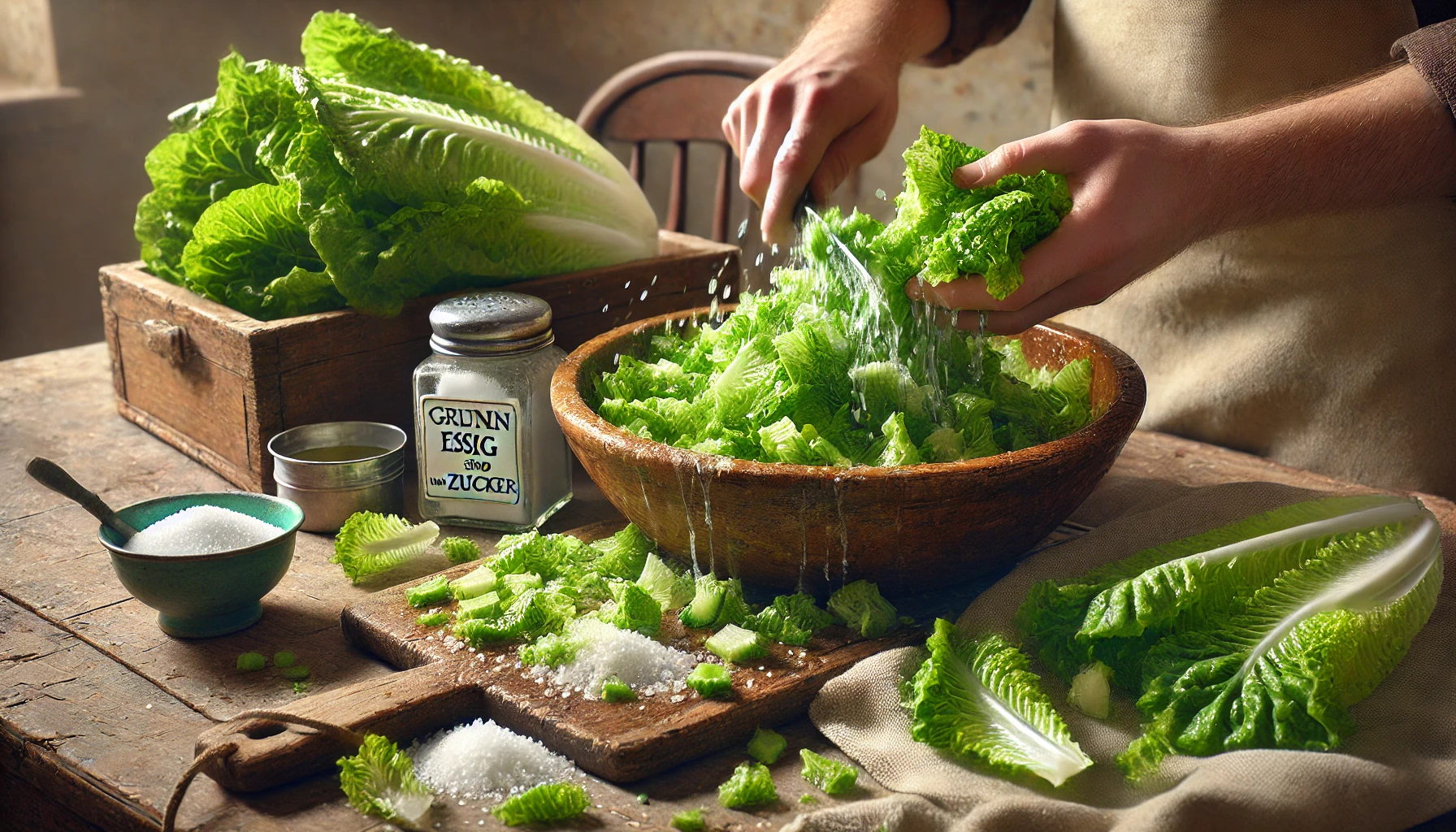 Der Kopfsalat wird gewaschen und in mundgerechte Stücke zerteilt, während die Marinade in einer Schüssel angerührt wird.