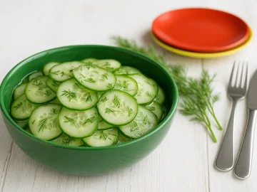 Gurkensalat nach DDR-Rezept in grüner Schüssel, hauchdünne Gurkenscheiben mit Dill, auf weißem Holztisch, daneben bunte Teller und modernes Besteck, fotorealistisch, Breitformat.