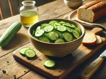 Das Foto zeigt den fertigen Gurkensalat, angerichtet in einer Schale auf einem Holztisch. Der Salat sieht frisch und einladend aus, mit grünen Gurkenscheiben, die leicht glänzen. Daneben liegt ein Stück Brot, bereit zum Servieren. Die Szene ist warm und freundlich, perfekt für eine leichte Mahlzeit.