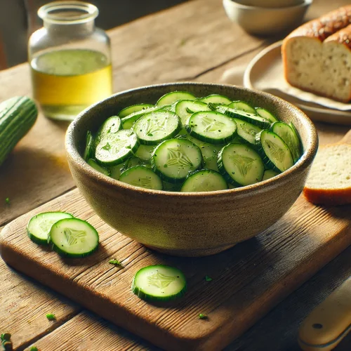 Das Foto zeigt den fertigen Gurkensalat, angerichtet in einer Schale auf einem Holztisch. Der Salat sieht frisch und einladend aus, mit grünen Gurkenscheiben, die leicht glänzen. Daneben liegt ein Stück Brot, bereit zum Servieren. Die Szene ist warm und freundlich, perfekt für eine leichte Mahlzeit.