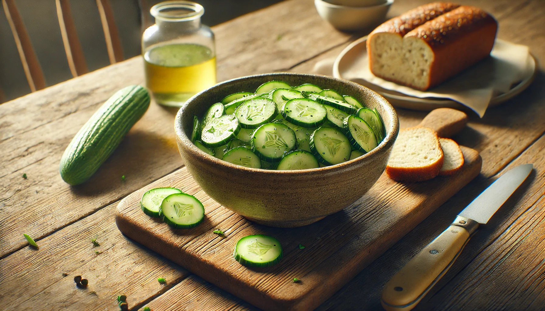 Das Foto zeigt den fertigen Gurkensalat, angerichtet in einer Schale auf einem Holztisch. Der Salat sieht frisch und einladend aus, mit grünen Gurkenscheiben, die leicht glänzen. Daneben liegt ein Stück Brot, bereit zum Servieren. Die Szene ist warm und freundlich, perfekt für eine leichte Mahlzeit.