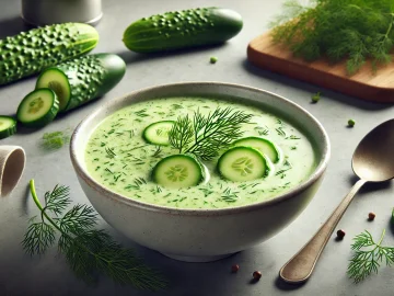 Die kalte Gurkensuppe ist in Schalen serviert, mit frischem Dill garniert. Die Suppe sieht erfrischend und cremig aus, perfekt für einen heißen Sommertag.