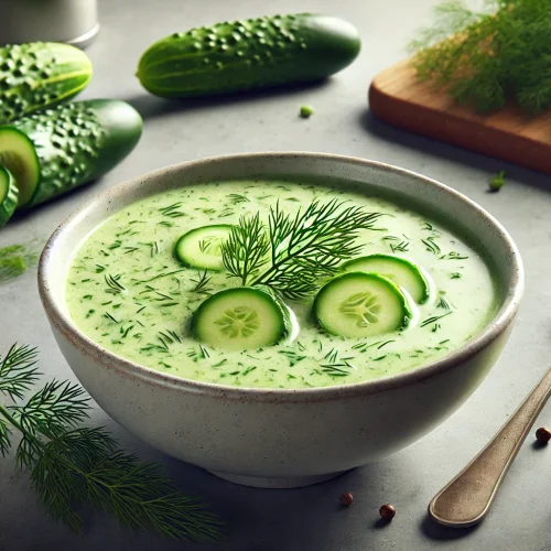 Die kalte Gurkensuppe ist in Schalen serviert, mit frischem Dill garniert. Die Suppe sieht erfrischend und cremig aus, perfekt für einen heißen Sommertag.