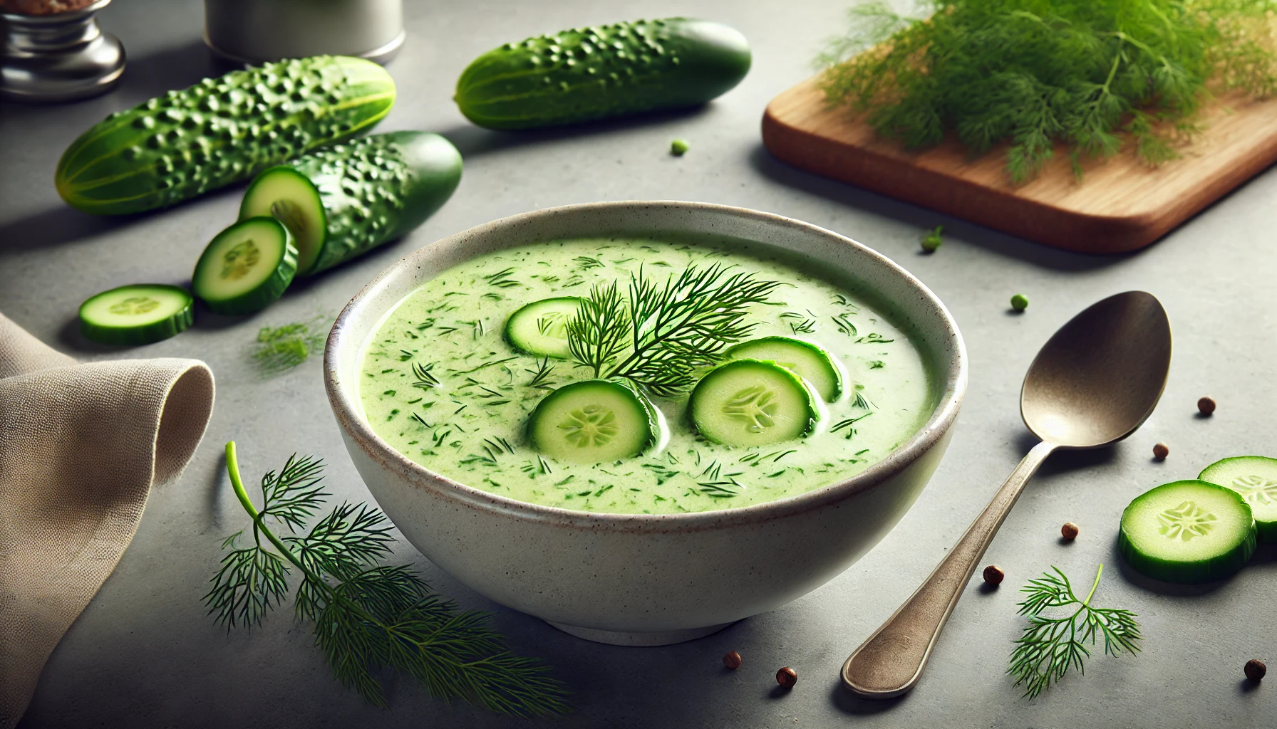 Die kalte Gurkensuppe ist in Schalen serviert, mit frischem Dill garniert. Die Suppe sieht erfrischend und cremig aus, perfekt für einen heißen Sommertag.