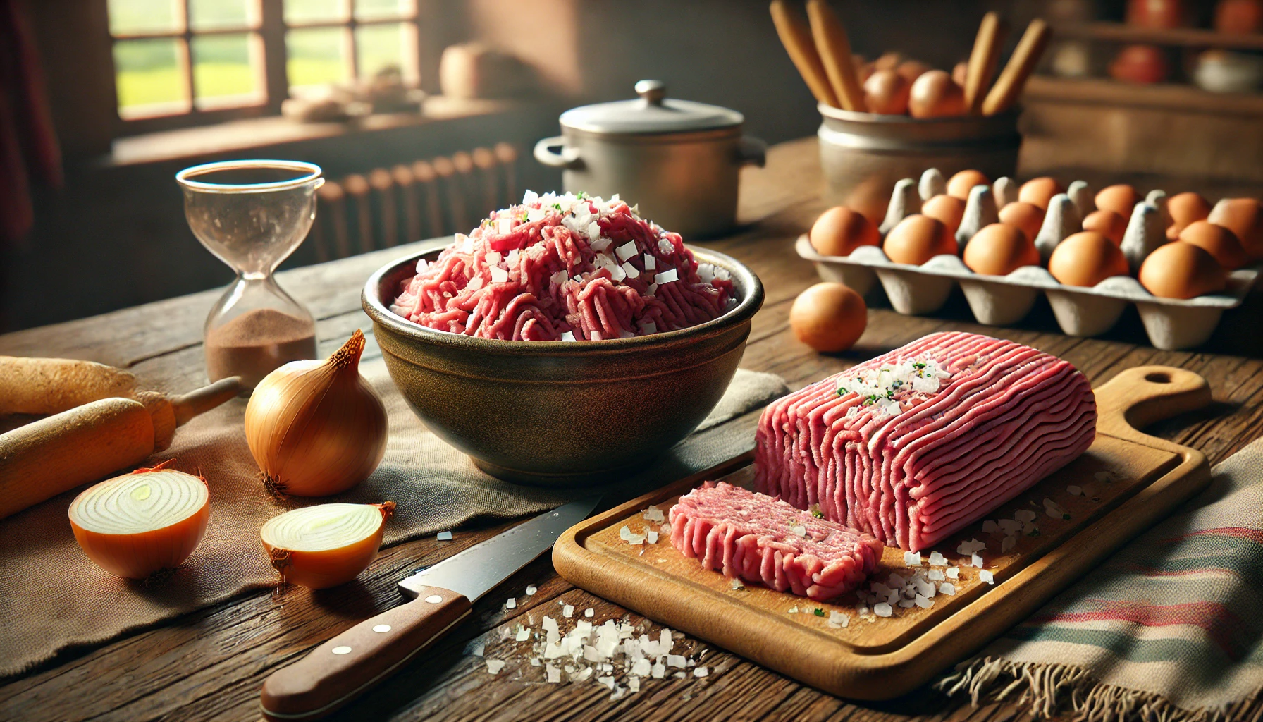 Das Foto zeigt eine rustikale Küche mit einem Holztisch, auf dem frisches Schweinehackfleisch in einer Schüssel liegt. Daneben stehen fein gehackte Zwiebeln bereit, die gleich unter das Fleisch gemischt werden. Ein Messer und ein Schneidebrett sind ebenfalls auf dem Tisch zu sehen.