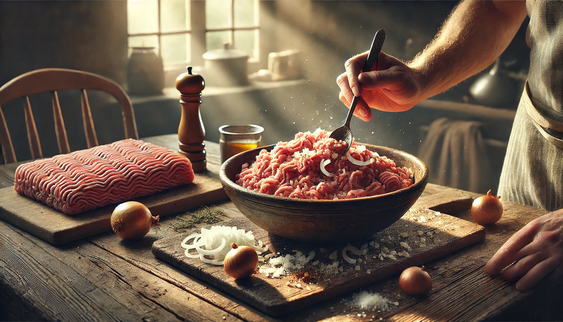 Das Foto zeigt eine Schüssel, in der das Schweinehackfleisch mit den Zwiebeln und Gewürzen vermischt wird. Eine Hand rührt das Fleisch mit einem Löffel um, während die Zutaten gut miteinander vermengt werden. Die Atmosphäre ist warm und einladend, mit natürlichem Licht, das die Szene beleuchtet.