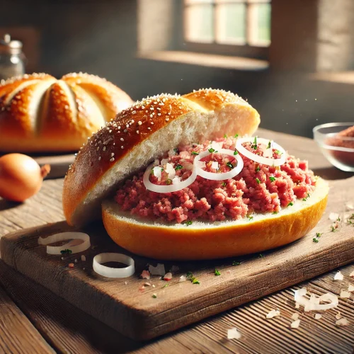 Das Foto zeigt einen rustikalen Küchentisch, auf dem frische Brötchenhälften liegen. Diese sind großzügig mit Hackepeter belegt und mit Zwiebelringen und einem Hauch von Paprikapulver garniert. Das Bild strahlt Gemütlichkeit aus und lässt das Hackepeter besonders appetitlich erscheinen.