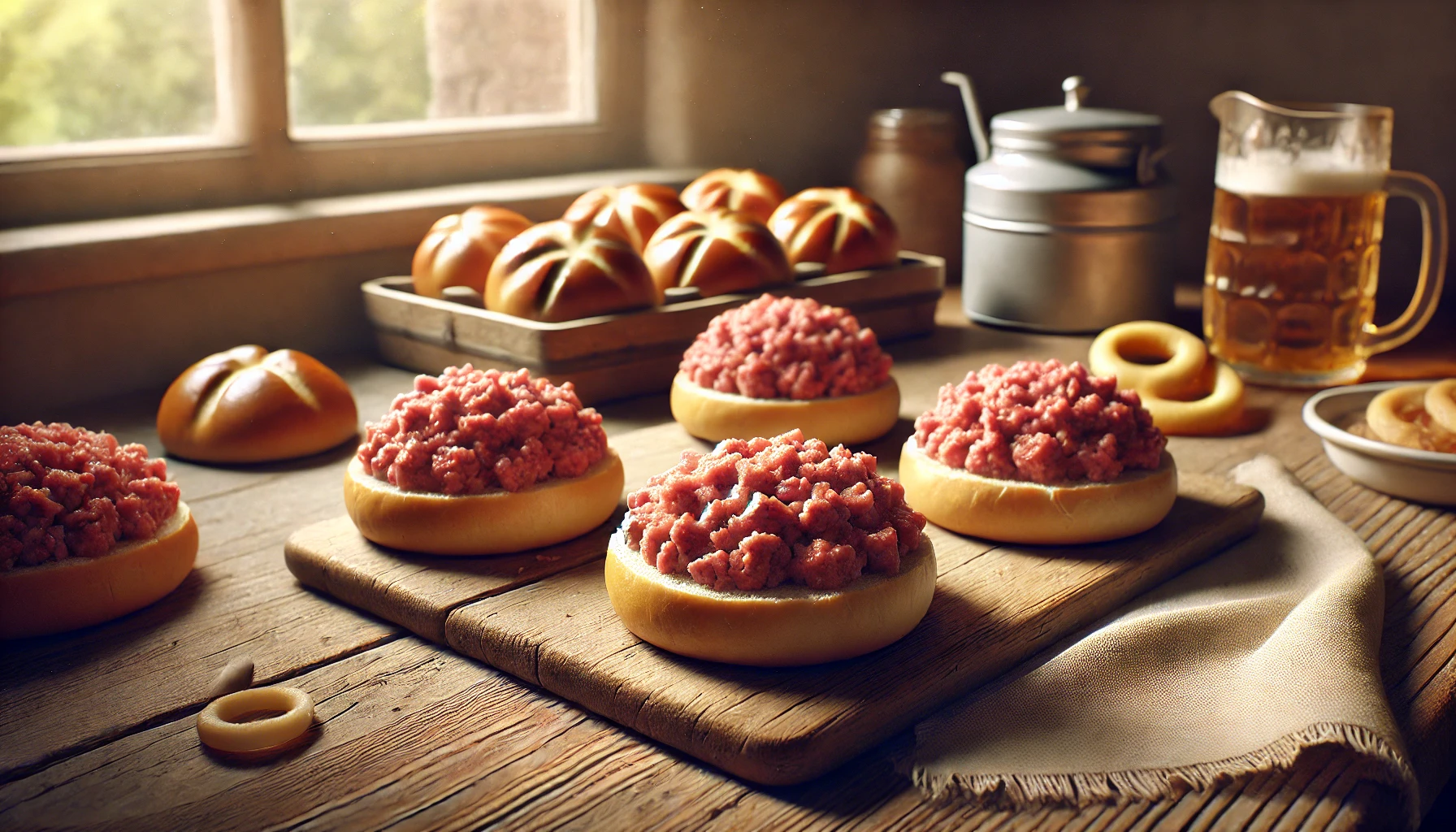 Das Foto zeigt einen gedeckten Tisch mit mehreren Hackepeter-Brötchen, die in der Mitte platziert sind. Die Brötchen sind angerichtet, bereit zum Verzehr. Die Szene ist warm und einladend, perfekt für eine gesellige Runde.