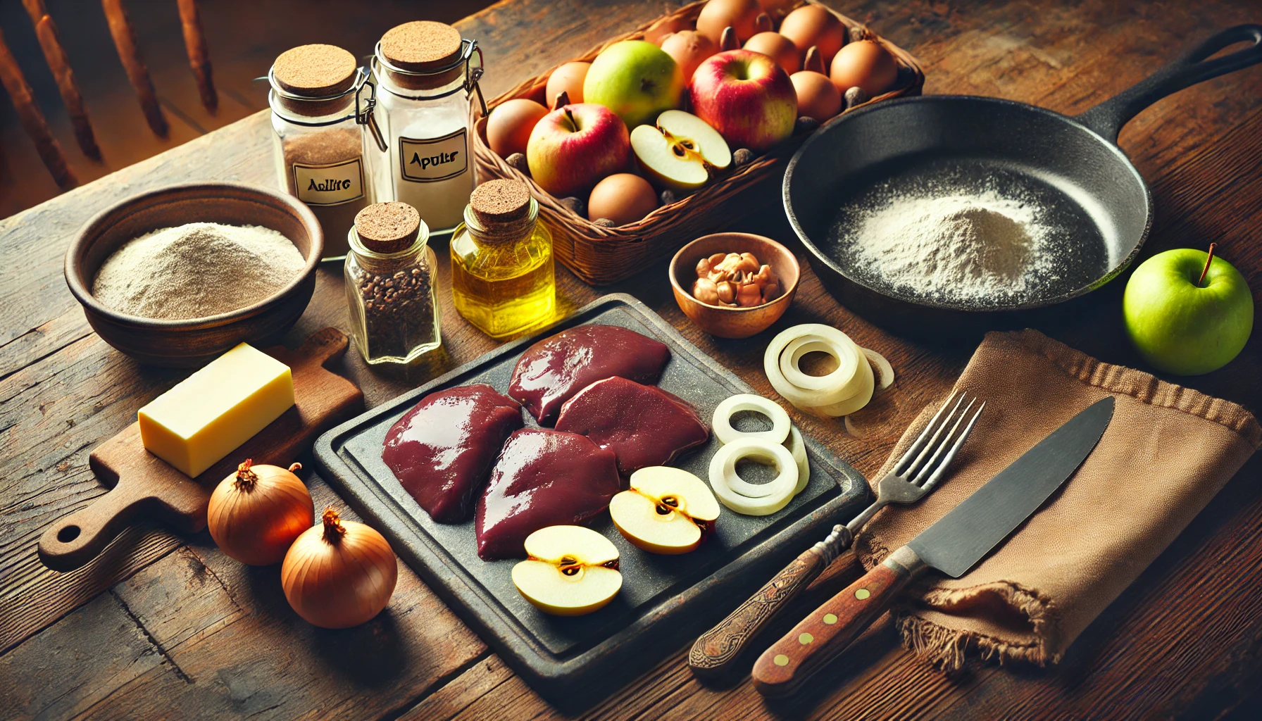 Auf einem rustikalen Holztisch liegen die Zutaten für die Berliner Kalbsleber bereit: geschnittene Kalbsleber, Apfelscheiben, Zwiebelringe, Mehl sowie Butter und Öl. Eine Pfanne steht bereit, um das Gericht zuzubereiten. Die warme Beleuchtung der Küche schafft eine gemütliche Atmosphäre.