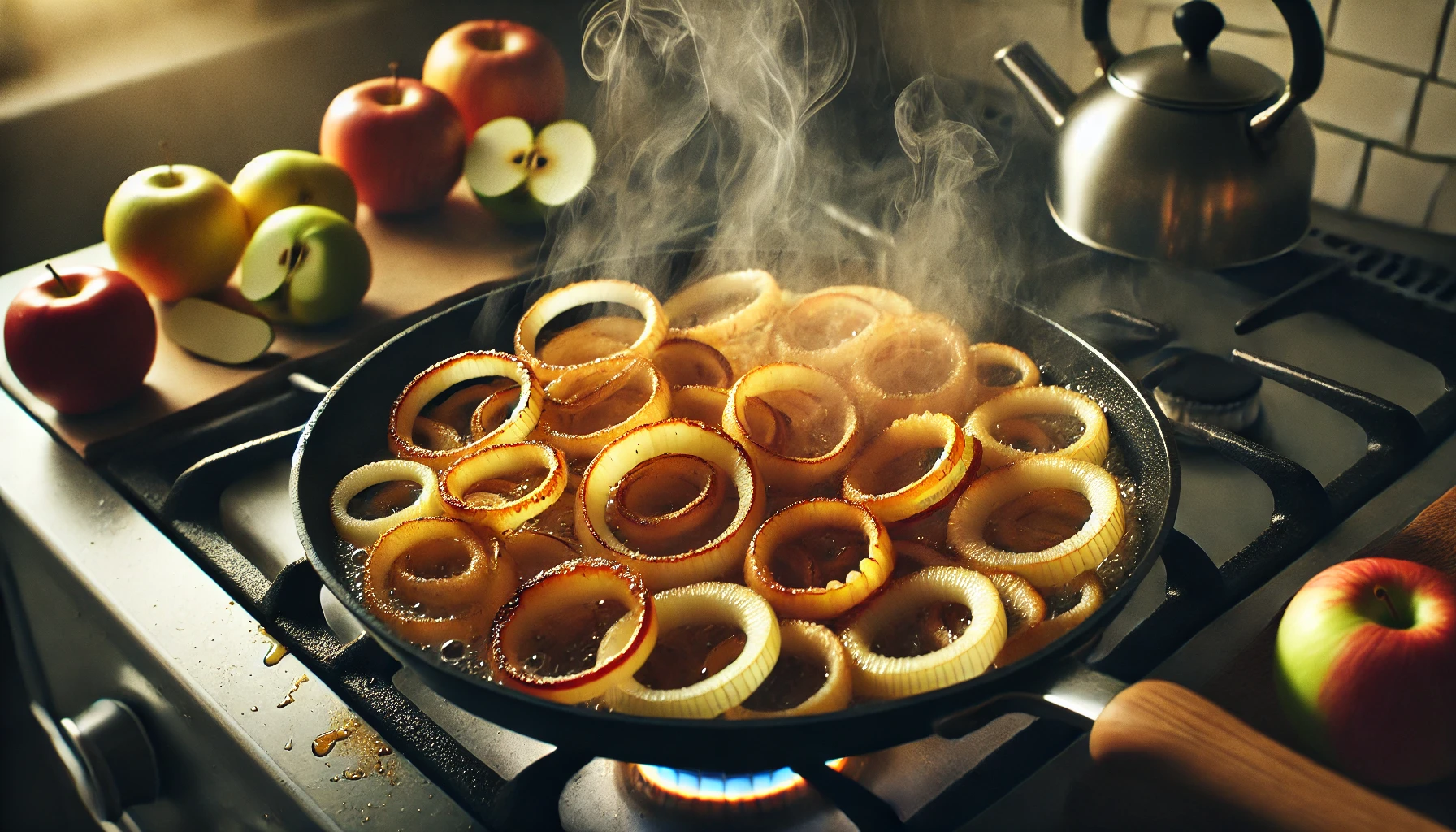 Eine Nahaufnahme zeigt Zwiebelringe und Apfelscheiben, die in der Pfanne goldbraun gebraten werden. Der Duft der leicht karamellisierten Äpfel und der knusprigen Zwiebeln erfüllt die Küche, während das Brutzeln in der Pfanne die Vorfreude auf das fertige Gericht weckt.