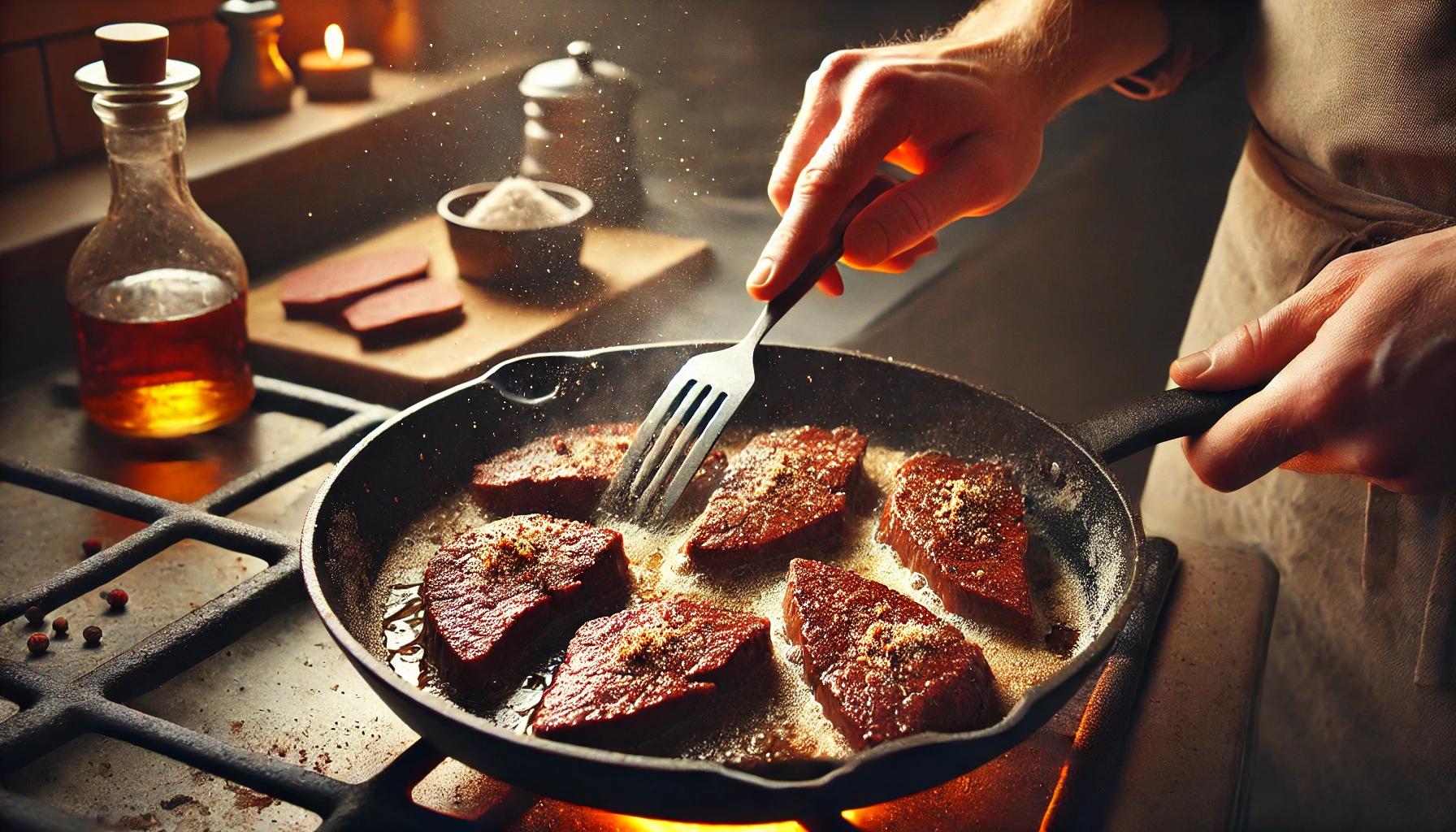 In der Pfanne brutzelt die Kalbsleber, die in Mehl gewendet wurde, um eine knusprige Kruste zu bekommen. Die Leber wird langsam braun und saftig, während sich die Aromen entfalten. Eine Hand hält einen Pfannenwender, bereit, die Leber zu wenden.