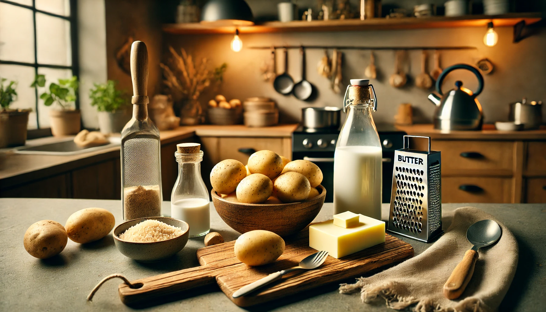 Auf einem hölzernen Schneidebrett liegen die Hauptzutaten: mehlig kochende Kartoffeln, Butter, Milch, Salz, Pfeffer und Muskatnuss. Die Szene ist in einer gemütlichen, modernen Küche mit warmem Licht gestaltet, die eine behagliche Atmosphäre vermittelt.