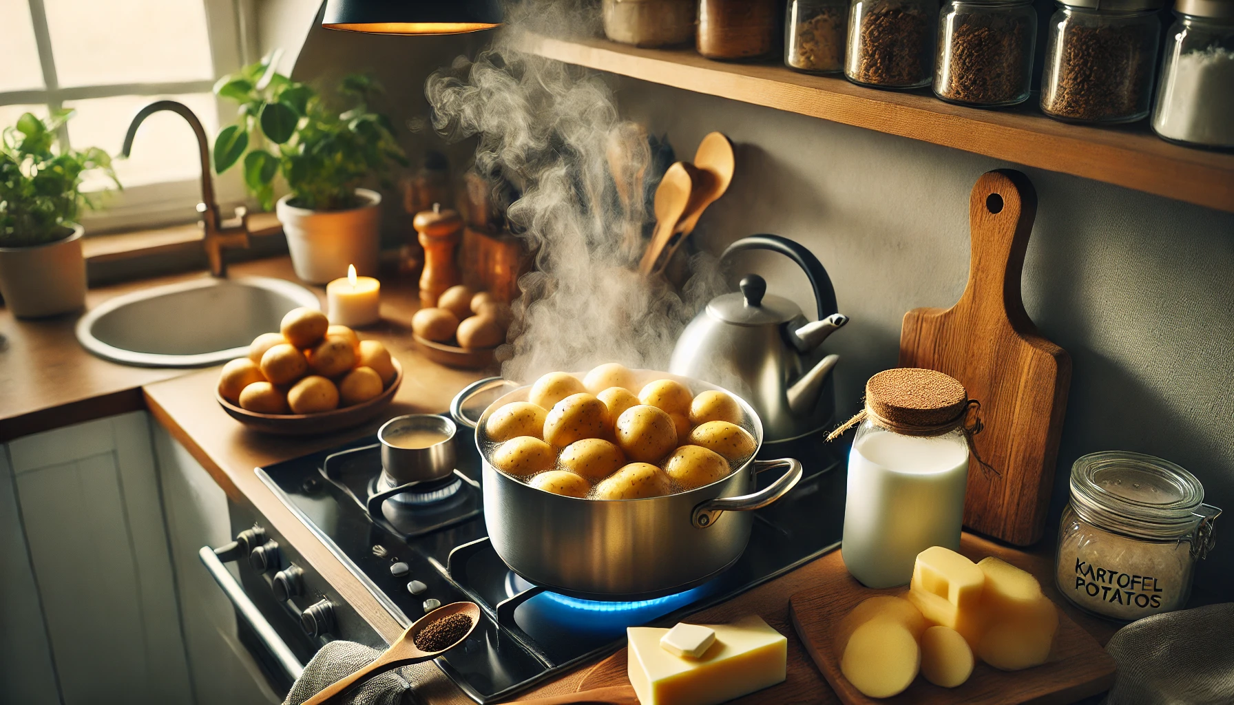 Kartoffeln kochen in einem Topf auf dem Herd. Der aufsteigende Dampf vermittelt das Gefühl einer gemütlichen Kochatmosphäre. Neben dem Topf liegen die restlichen Zutaten bereit.