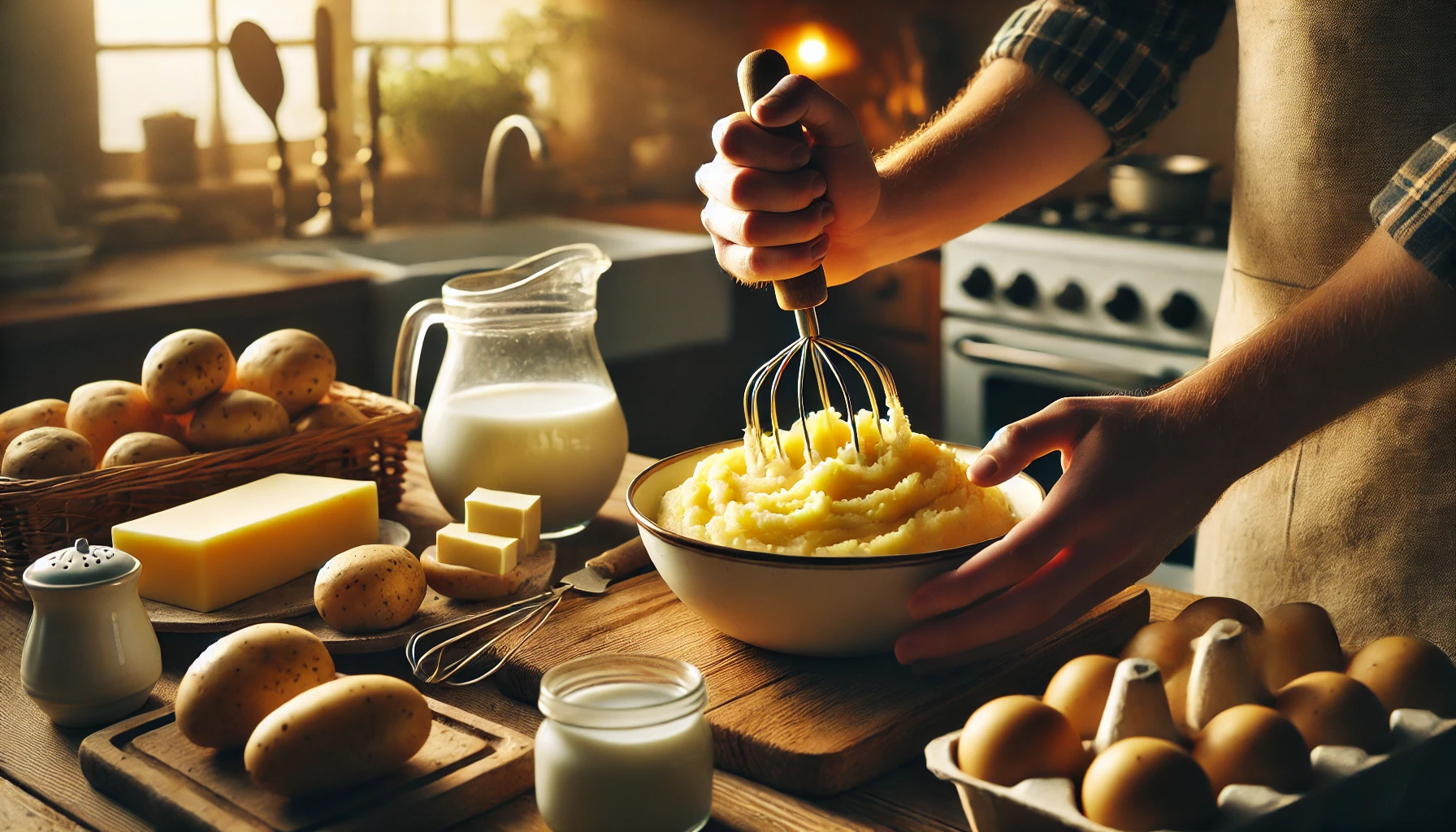 Das Stampfen der Kartoffeln: Kartoffeln werden gestampft, Butter und Milch werden hinzugegeben, um das Mus zu vollenden.