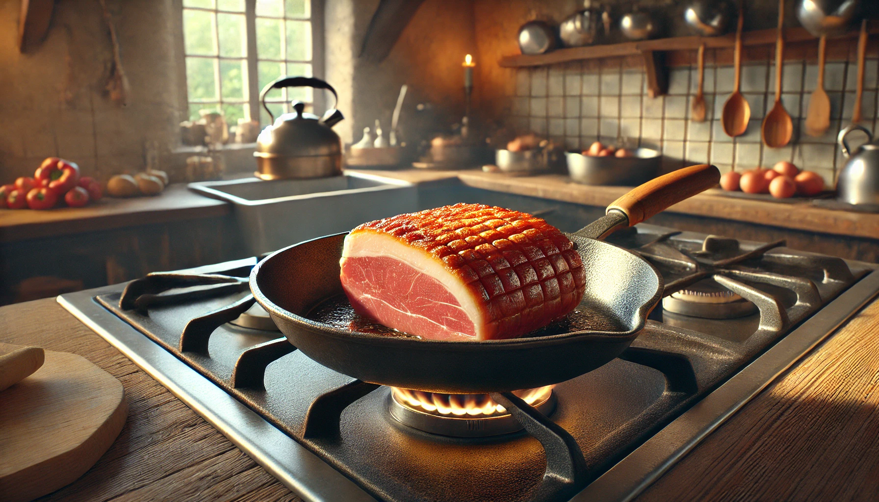 Das Foto zeigt eine Pfanne auf einem Herd, in der ein großes Stück Kasseler von allen Seiten angebraten wird. Der Braten hat bereits eine goldbraune Kruste. Die Küche im Hintergrund ist rustikal und gemütlich, mit warmem Licht, das die Szene beleuchtet.